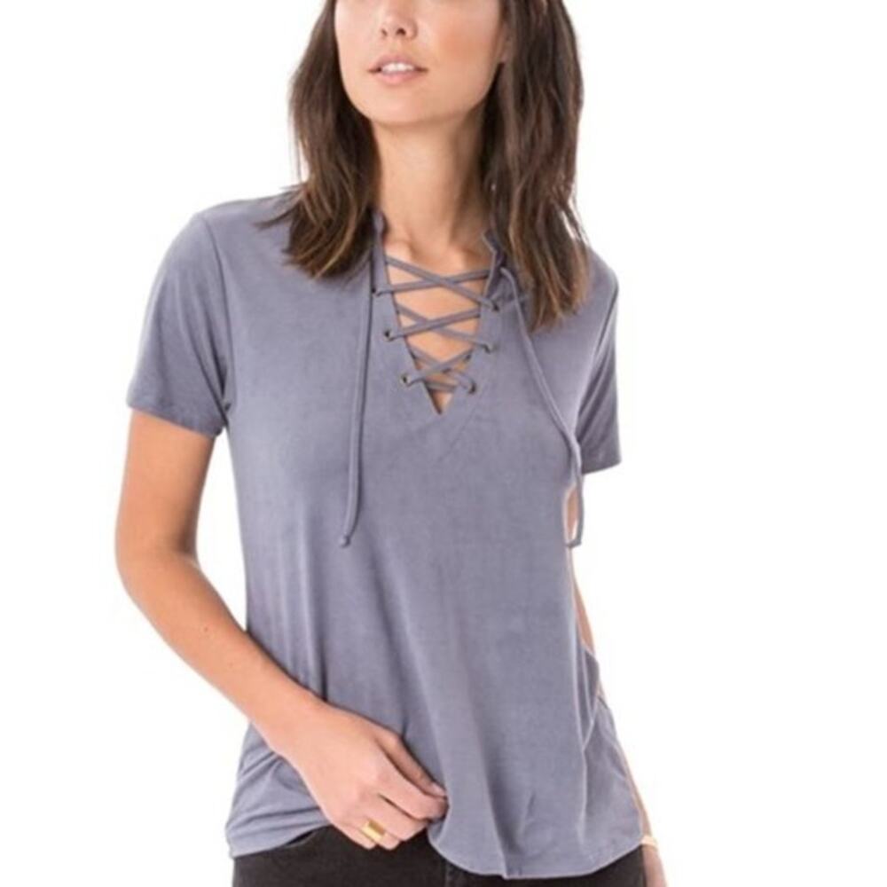 Z Supply Faux Suede Lace Up V Neck Tee Size L Blue Gray Stretch Knit Top Boho